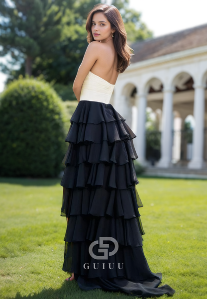 Elegant Sleeveless Strapless Prom Dress with Slit Ruffles Evening Party Dress