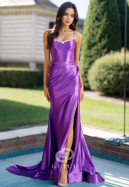 Spaghetti Straps Sweetheart Prom Dress with Slit Ruched Evening Party Dress