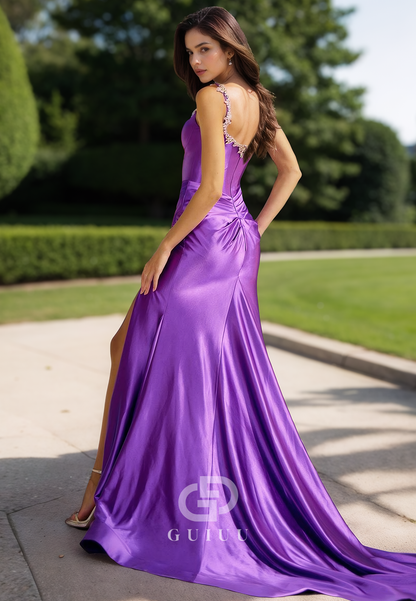 Spaghetti Straps Sweetheart Prom Dress with Slit Ruched Evening Party Dress