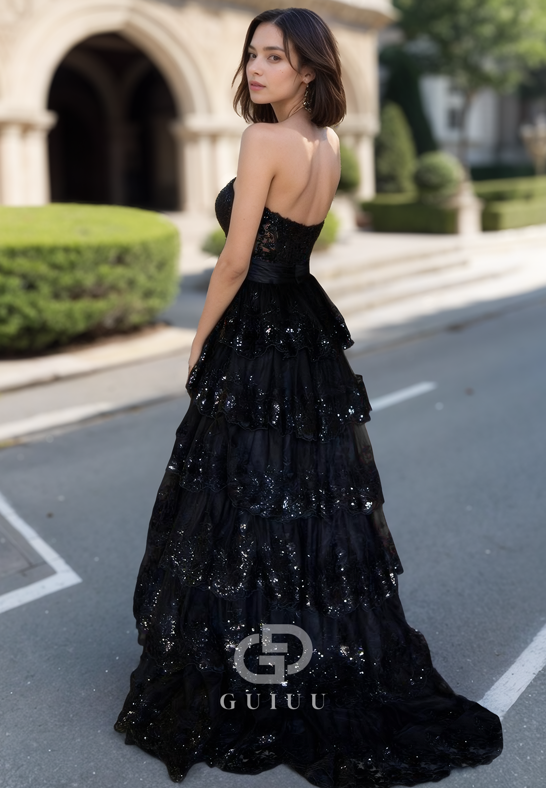 Black A-Line Sleeveless Prom Dress with Ruffles Slit Evening Party Dress
