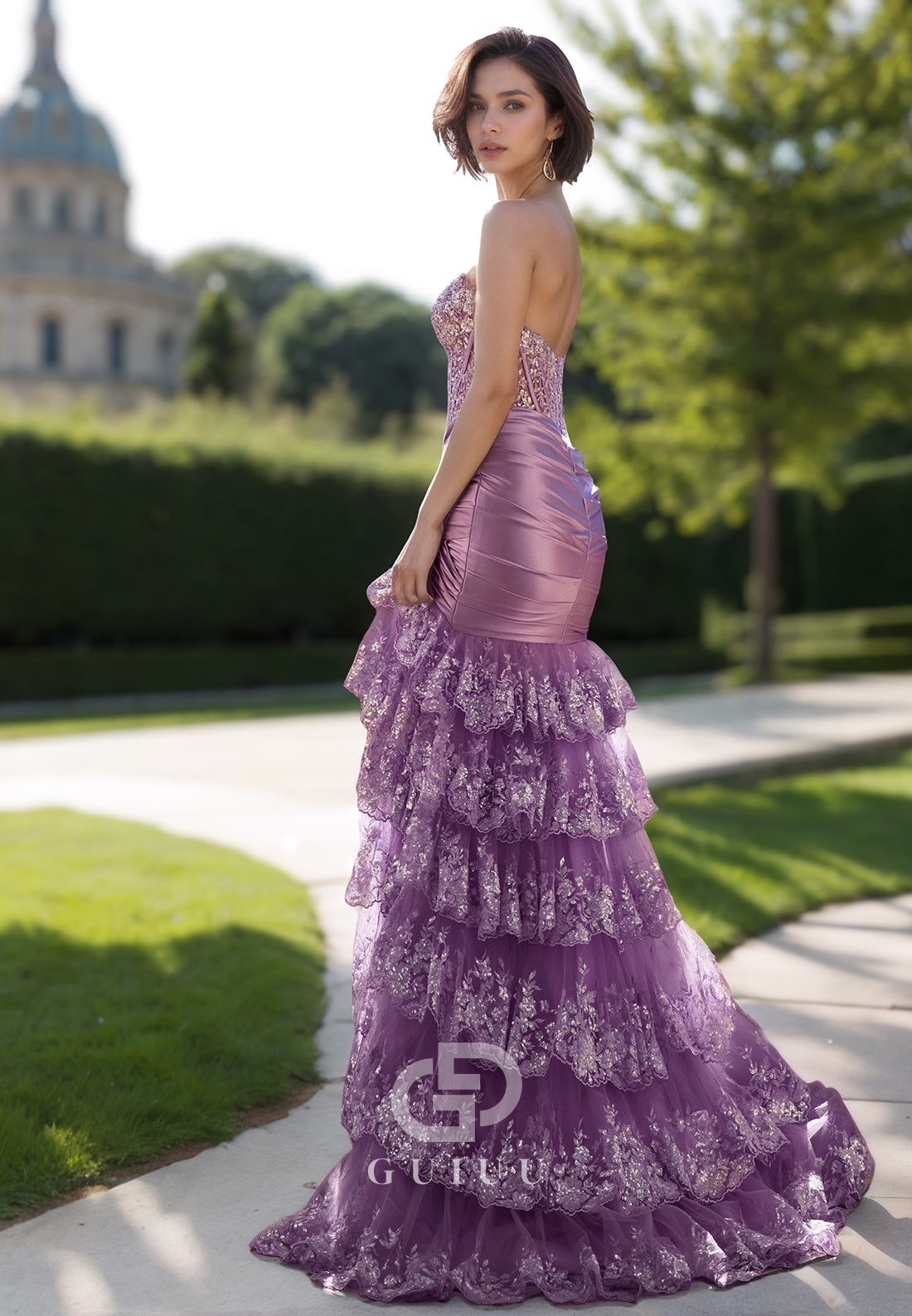 Tahiti Sleeveless Strapless Prom Dress with Slit Ruffles Evening Party Dress