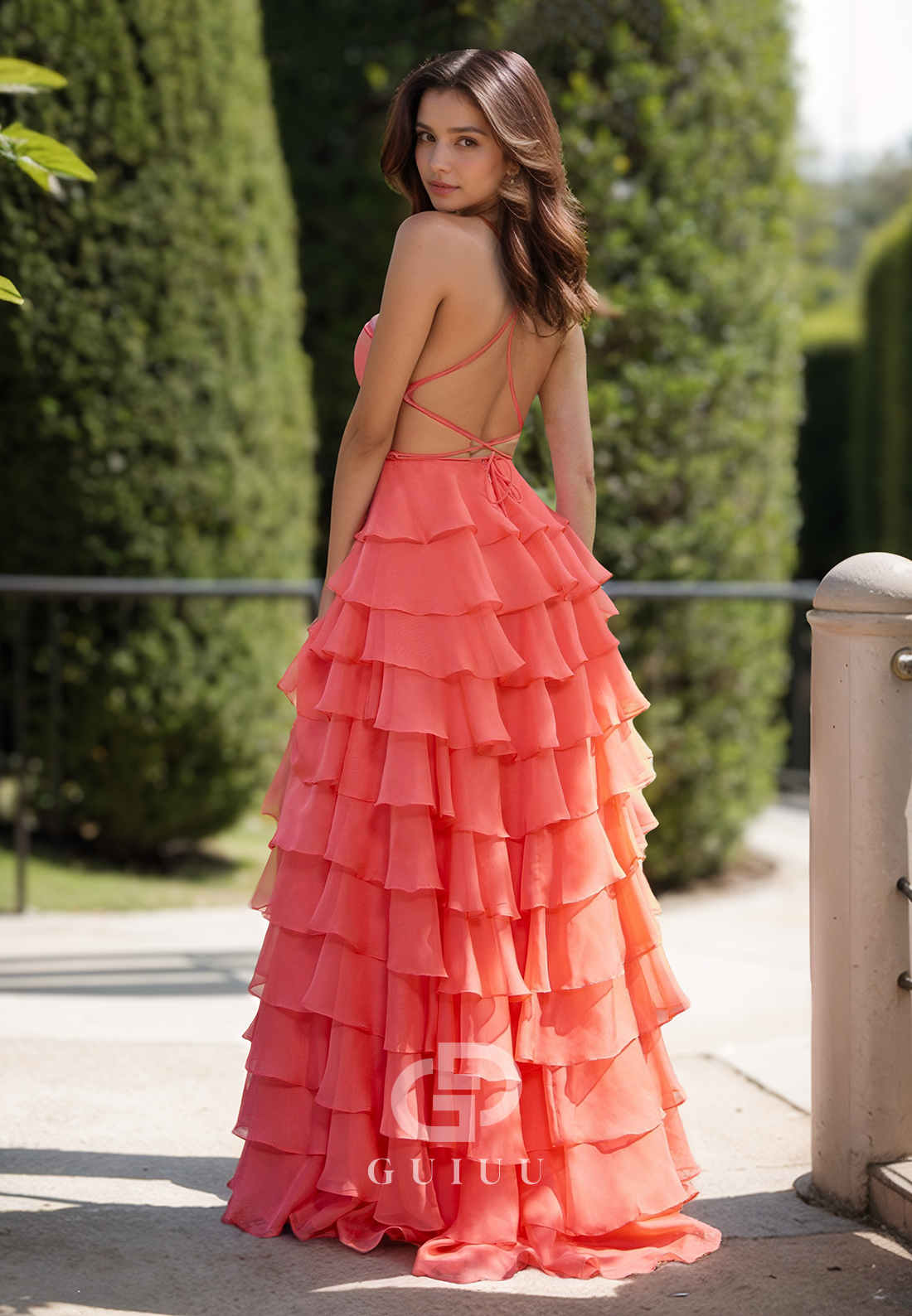 Watermelon A-Line Scoop Prom Dress with Slit Backless Evening Party Dress