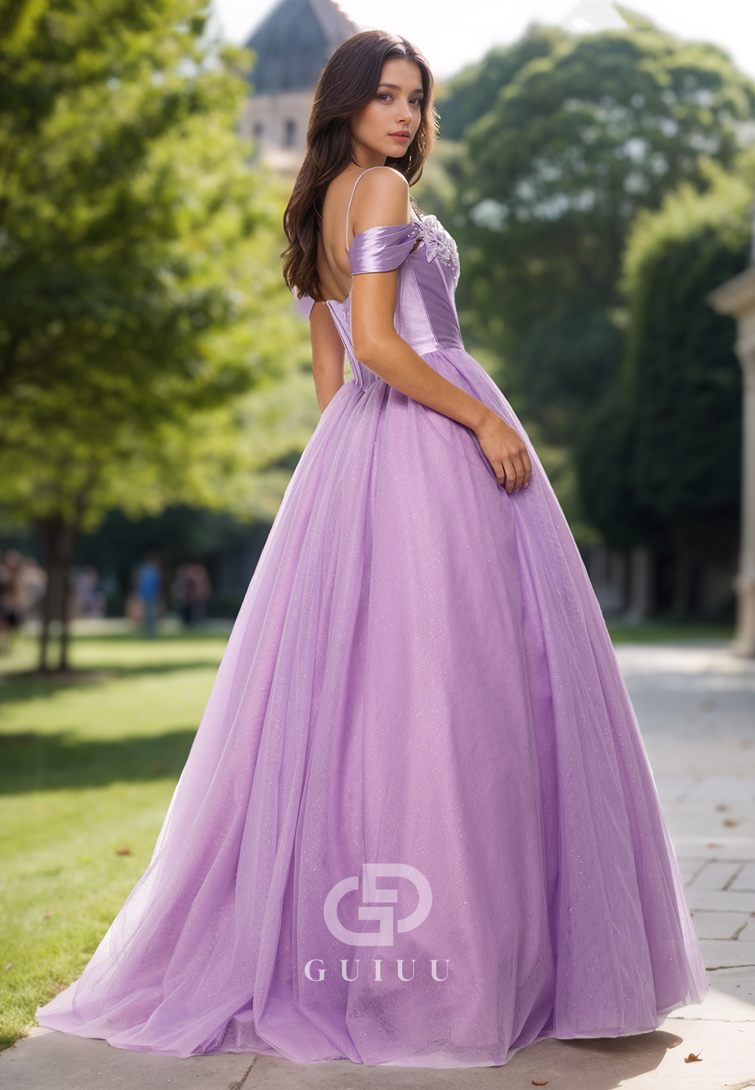 Lilac A-Line Off-Shoulder Sleeveless Empire-Waist Prom Evening Dress