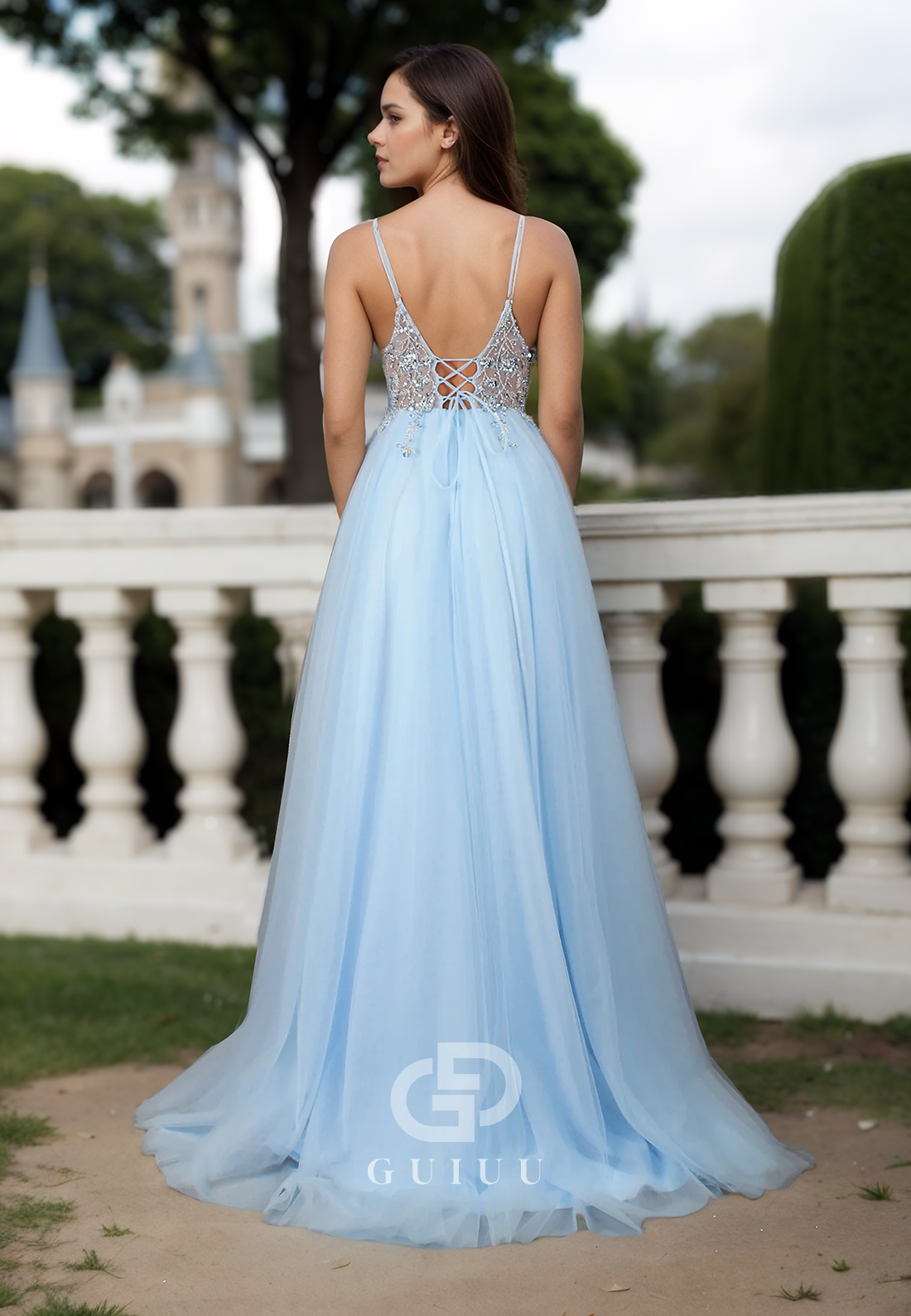 A-Line Spaghetti Straps V-Neck Prom Dress with Slit Corset Tulle Evening Party Dress