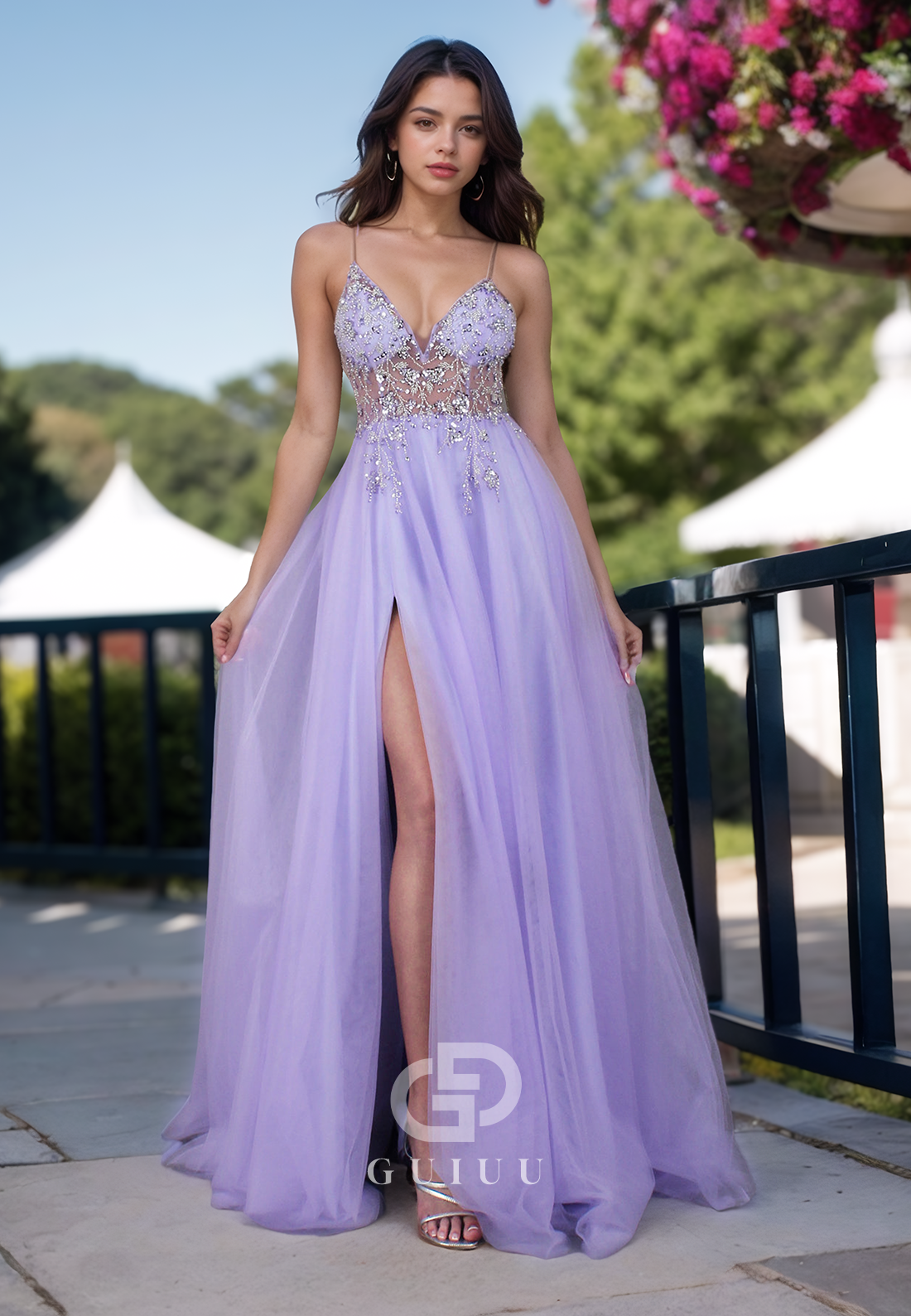 A-Line Spaghetti Straps V-Neck Prom Dress with Slit Corset Tulle Evening Party Dress