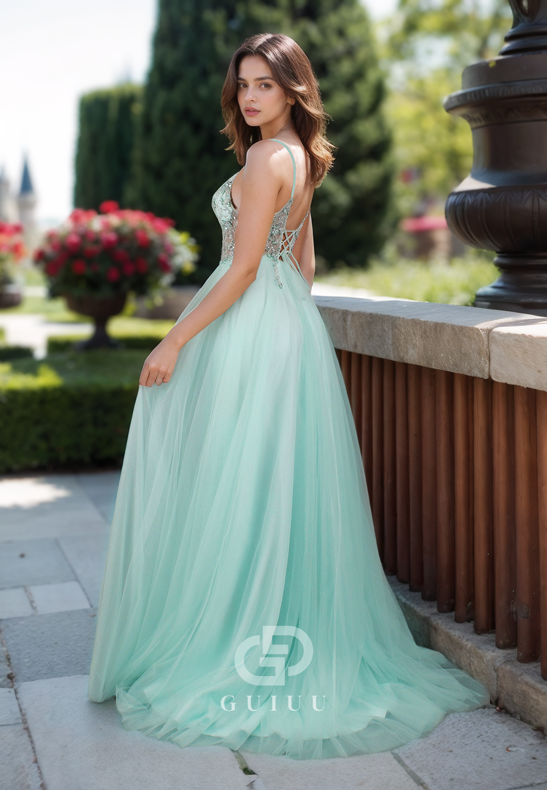 A-Line Spaghetti Straps V-Neck Prom Dress with Slit Corset Tulle Evening Party Dress