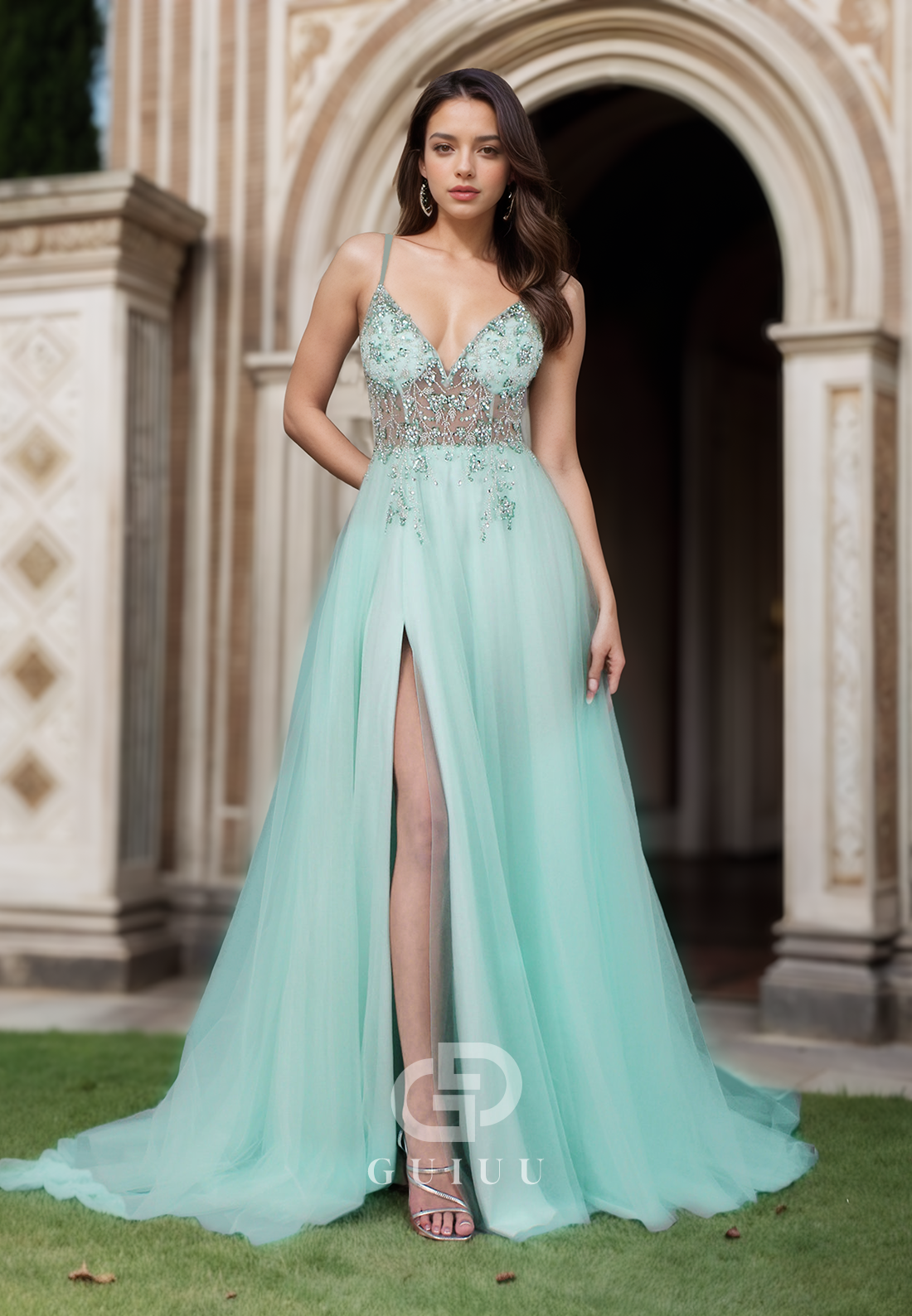 A-Line Spaghetti Straps V-Neck Prom Dress with Slit Corset Tulle Evening Party Dress