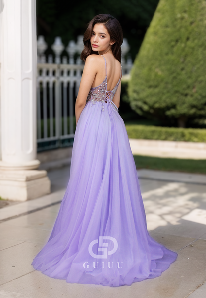 A-Line Spaghetti Straps V-Neck Prom Dress with Slit Corset Tulle Evening Party Dress