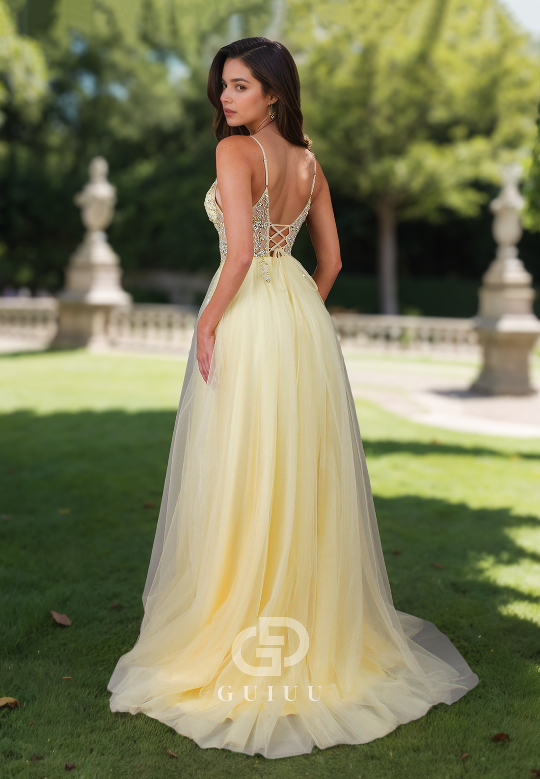 A-Line Spaghetti Straps V-Neck Prom Dress with Slit Corset Tulle Evening Party Dress