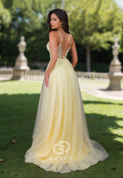 A-Line Spaghetti Straps V-Neck Prom Dress with Slit Corset Tulle Evening Party Dress