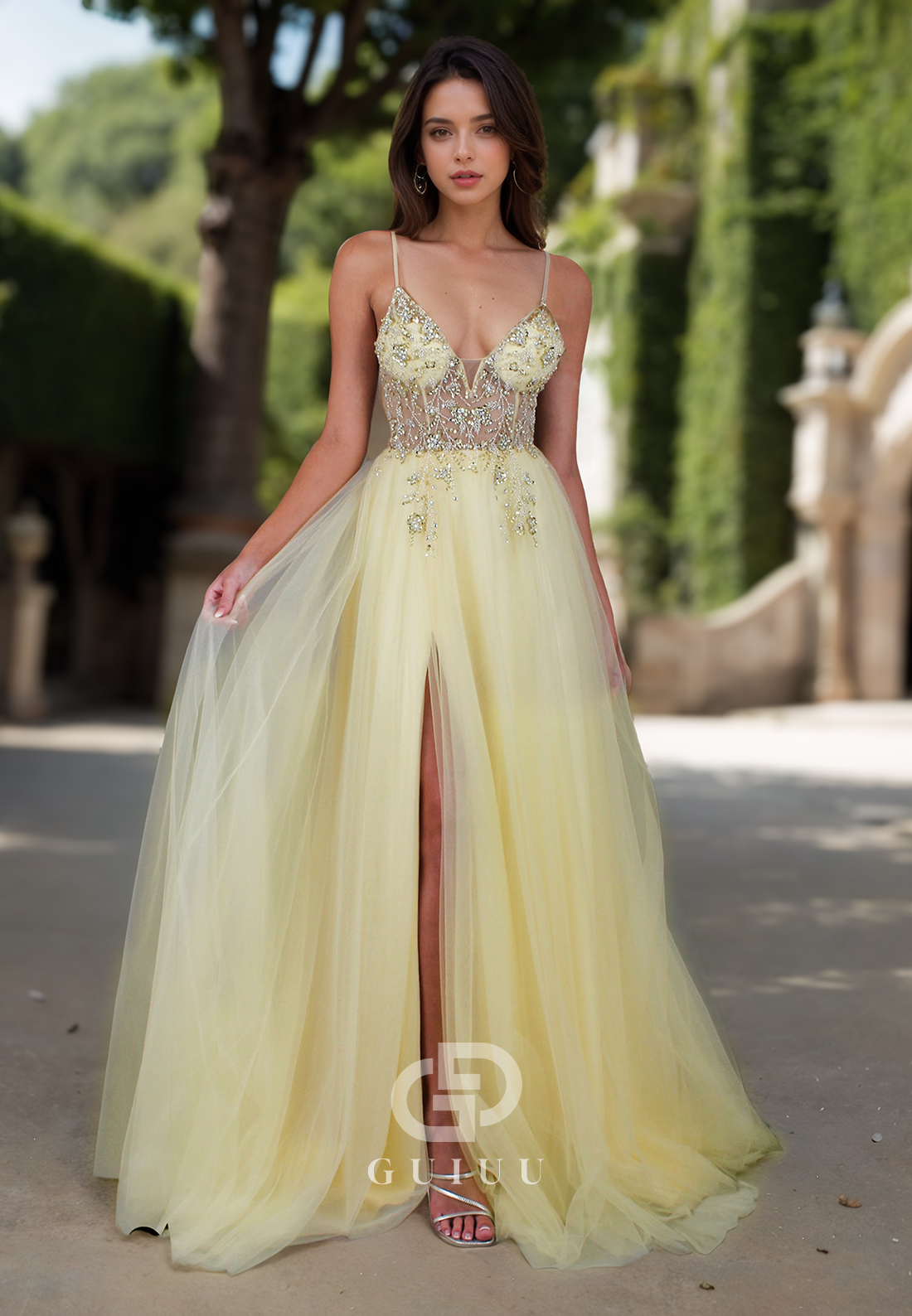 A-Line Spaghetti Straps V-Neck Prom Dress with Slit Corset Tulle Evening Party Dress