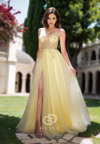 A-Line Spaghetti Straps V-Neck Prom Dress with Slit Corset Tulle Evening Party Dress