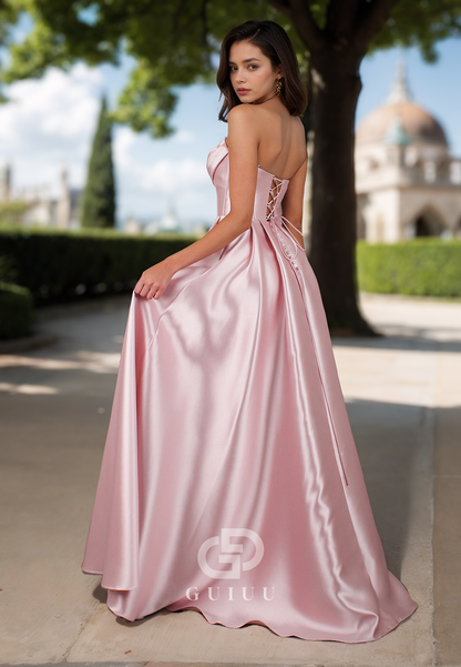 Elegant A-Line Sleeveless Strapless Prom Dress with Slit Empire-Waist Evening Formal Dress
