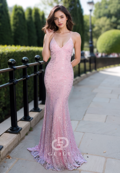 Sheath Spaghetti Straps V-Neck Lace-Up Back Floor-Length Prom Evening Dress