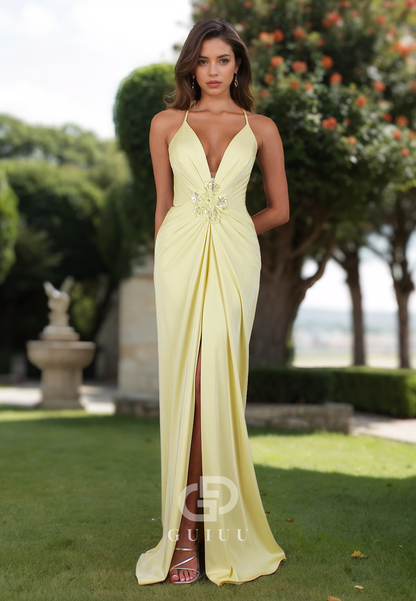 Spaghetti Straps V-Neck Prom Dress with Slit Ruched Evening Party Dress