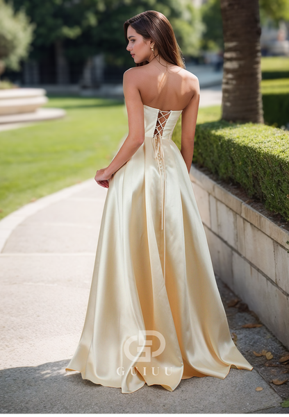 Elegant A-Line Sleeveless Strapless Prom Dress with Slit Empire-Waist Evening Formal Dress