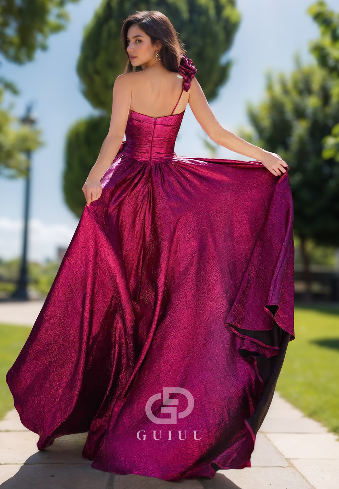 A-Line One Shoulder Prom Dress with Appliques Empire-Waist Evening Dress