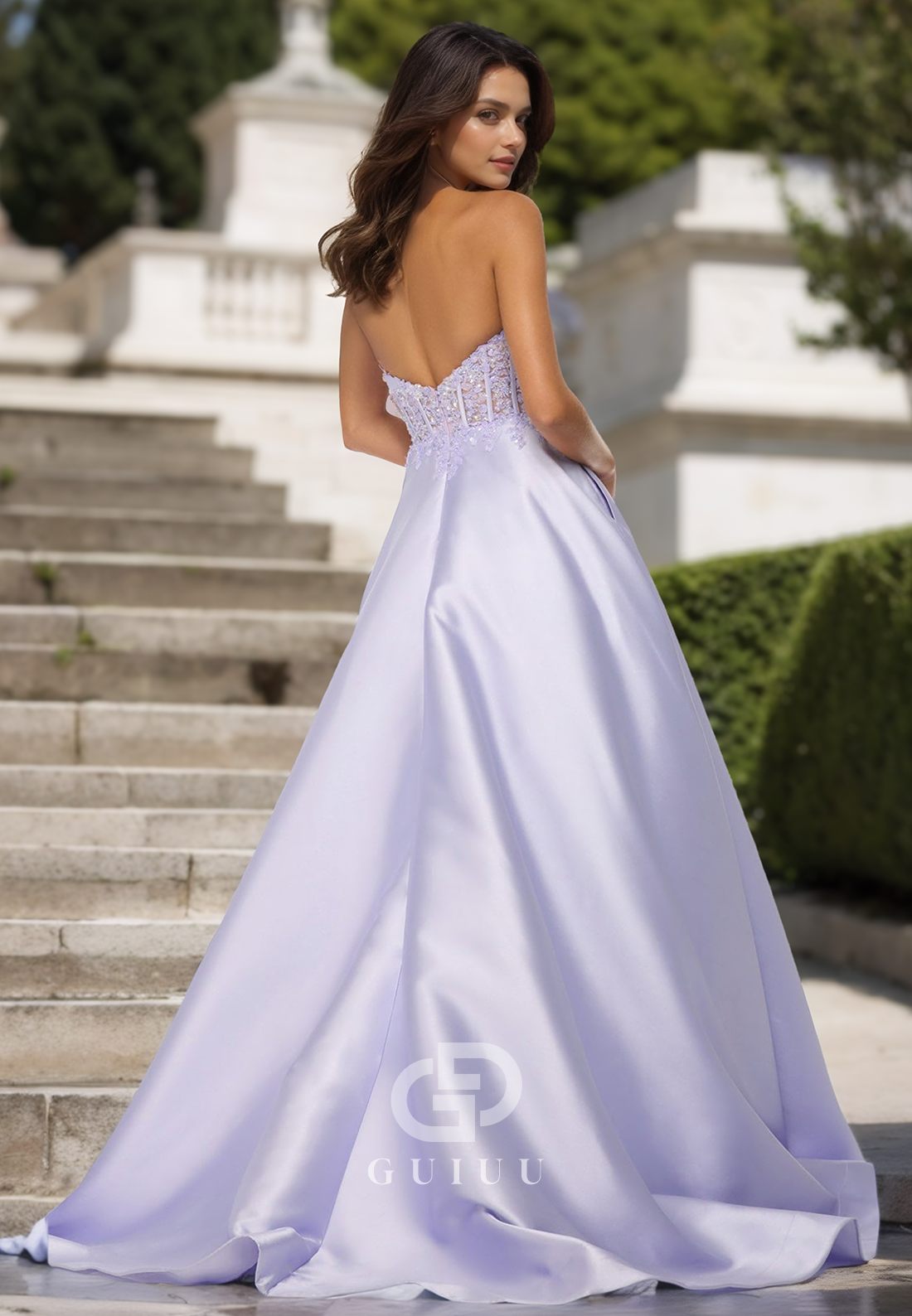 Lilac A-Line Sleeveless Strapless Prom Party Dress with Train