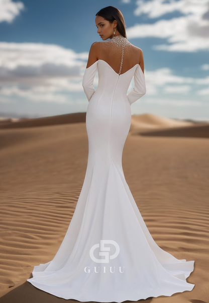 Mermaid Long Sleeves High Neck Sequins Satin Wedding Dress