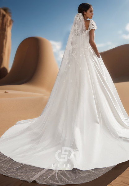 A-Line Short Sleeves Scoop Empire-Waist Court Train Satin Wedding Dress