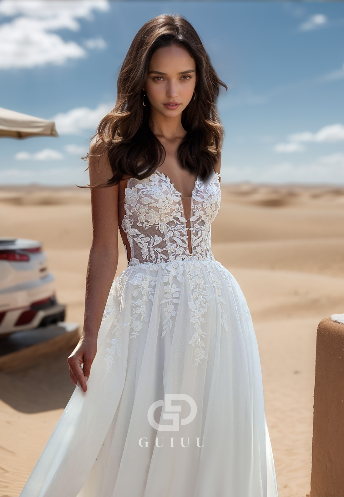 A-Line Spaghetti Straps V-Neck Floral Appliques Corset Lace Wedding Dress