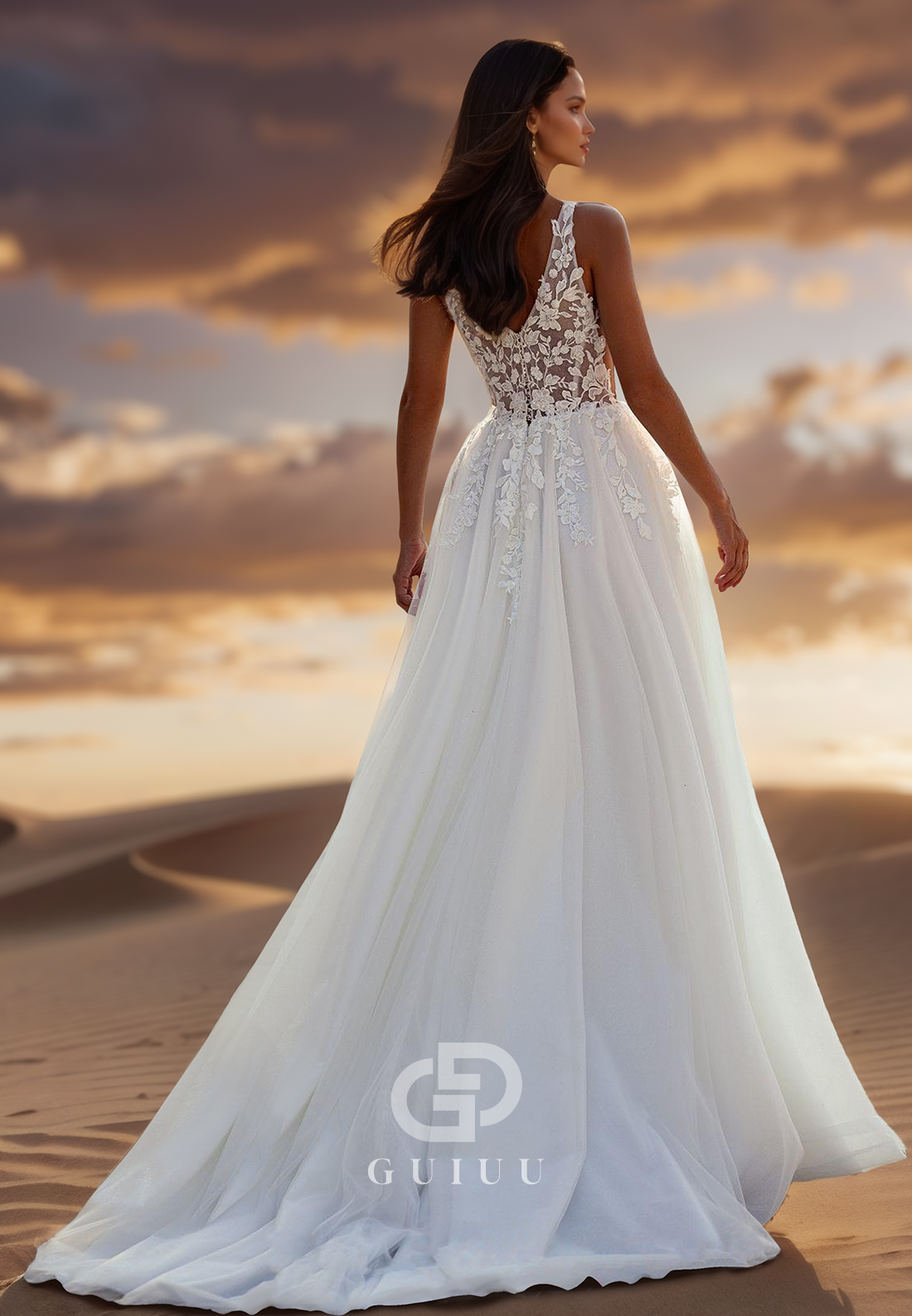 A-Line Spaghetti Straps V-Neck Floral Appliques Corset Lace Wedding Dress