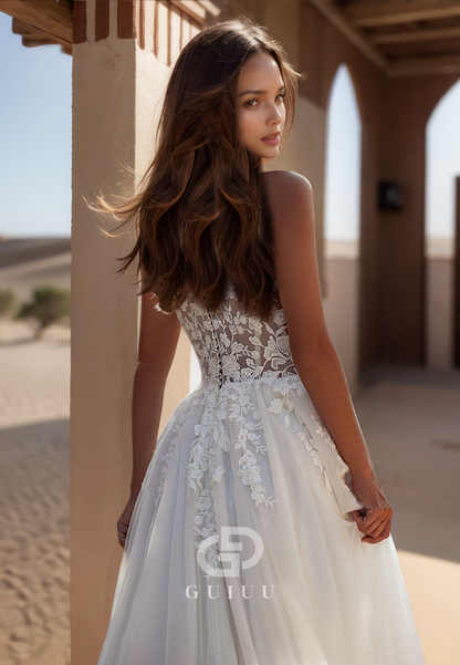 A-Line Spaghetti Straps V-Neck Floral Appliques Corset Lace Wedding Dress