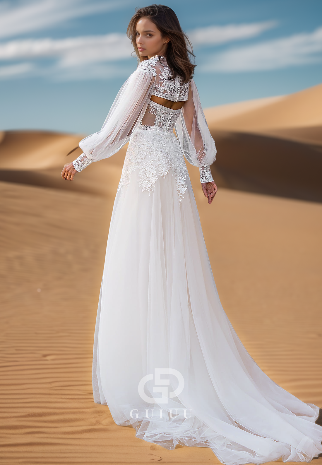 High Neck Long Sleeves Side Slit Empire-Waist Boho Wedding Dress
