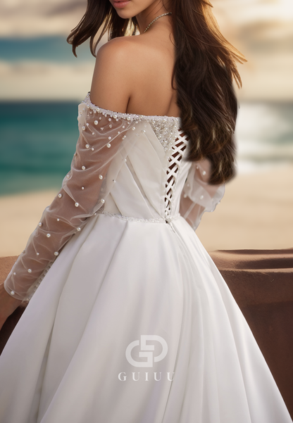 Lace Long Sleeves A-Line Sweetheart Slit Satin Wedding Dress