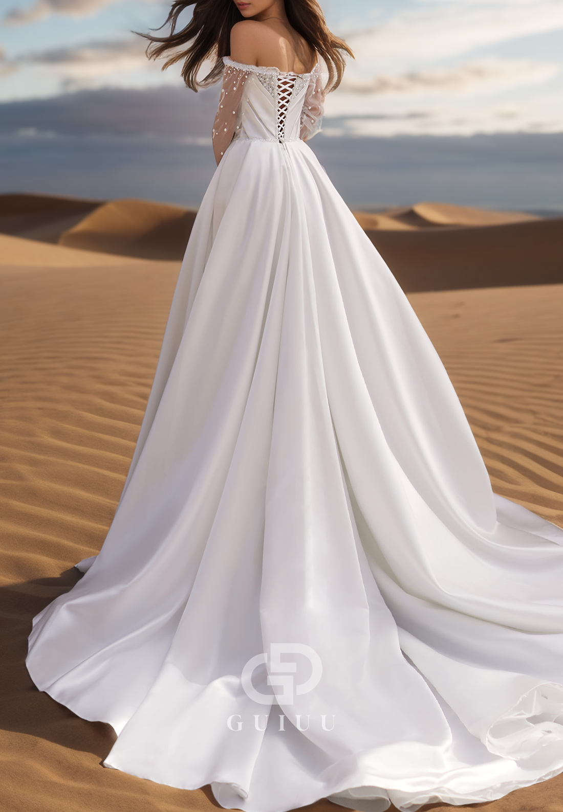 Lace Long Sleeves A-Line Sweetheart Slit Satin Wedding Dress
