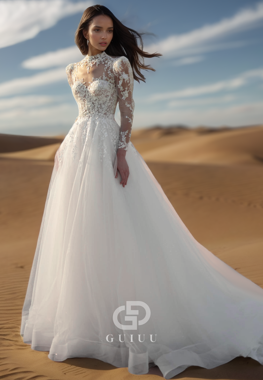 High Neck Long Sleeves Corset Court Train Lace Wedding Dress