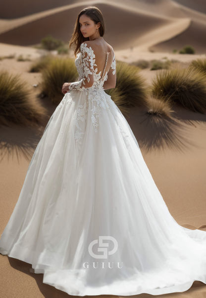 Charming A-Line Long Sleeves Scoop Floral Appliques Lace Wedding Dress