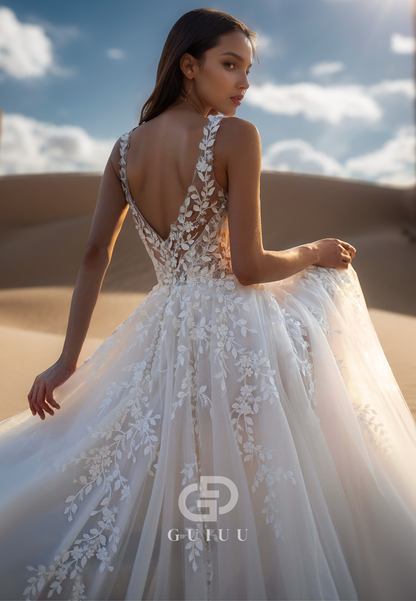 A-Line Spaghetti Straps V-Neck Corset Tulle Lace Wedding Dress