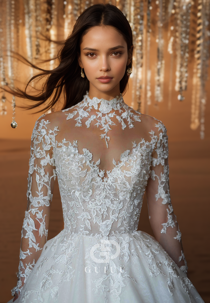 High Neck Long Sleeves Floral Appliques Lace Wedding Dress