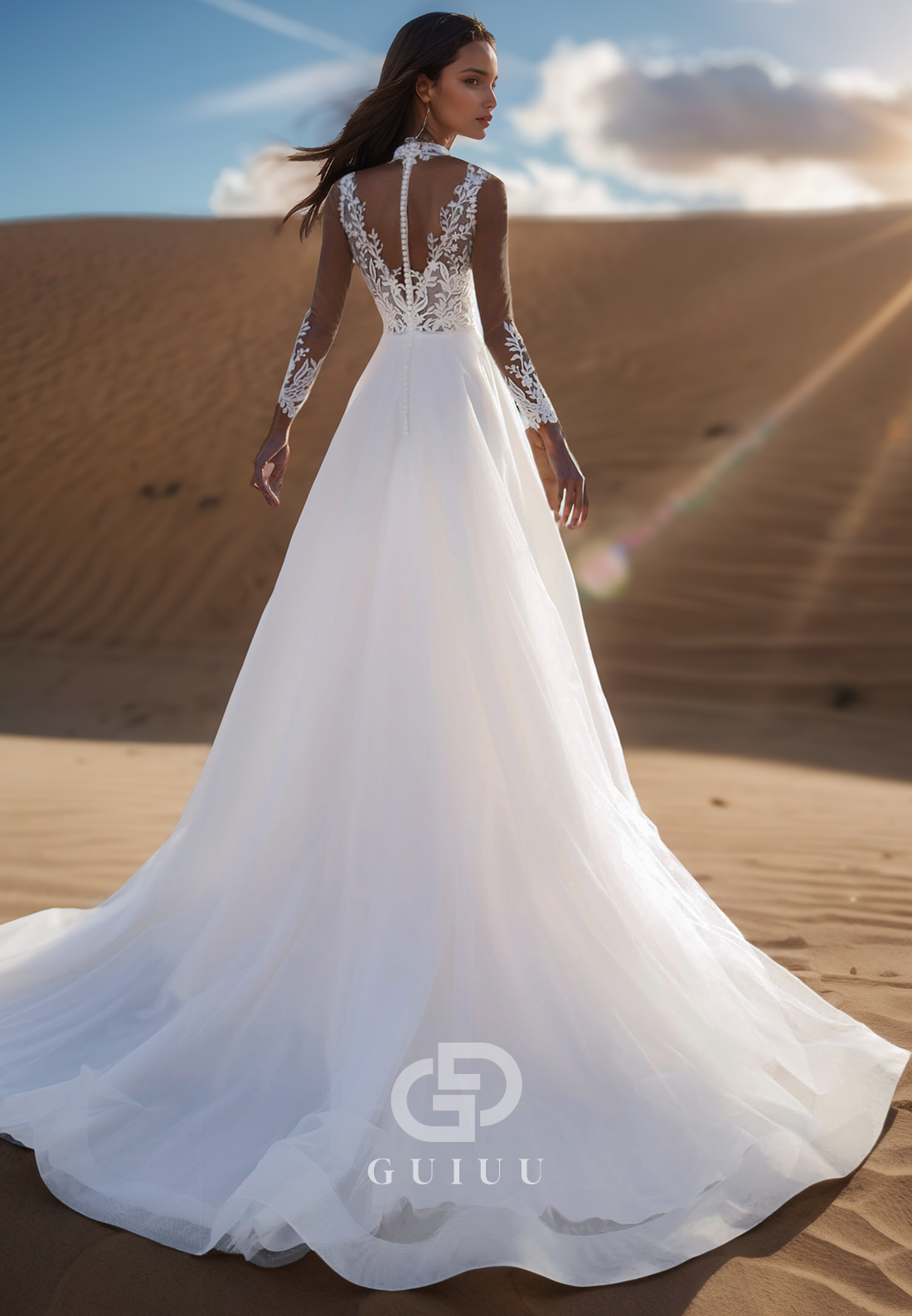 High Neck Long Sleeves A-Line Sweep Train Lace Wedding Dress