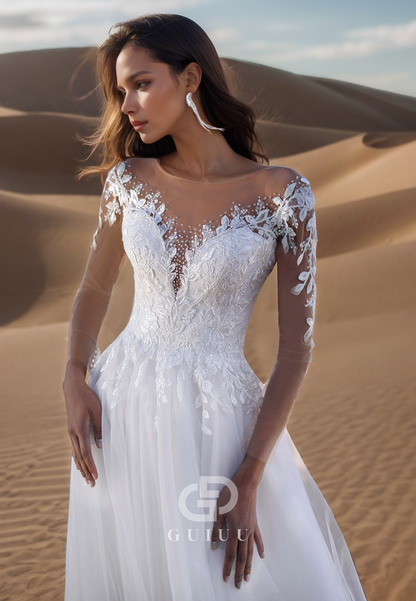 Simple Long Sleeves Scoop Corset Lace Wedding Dress