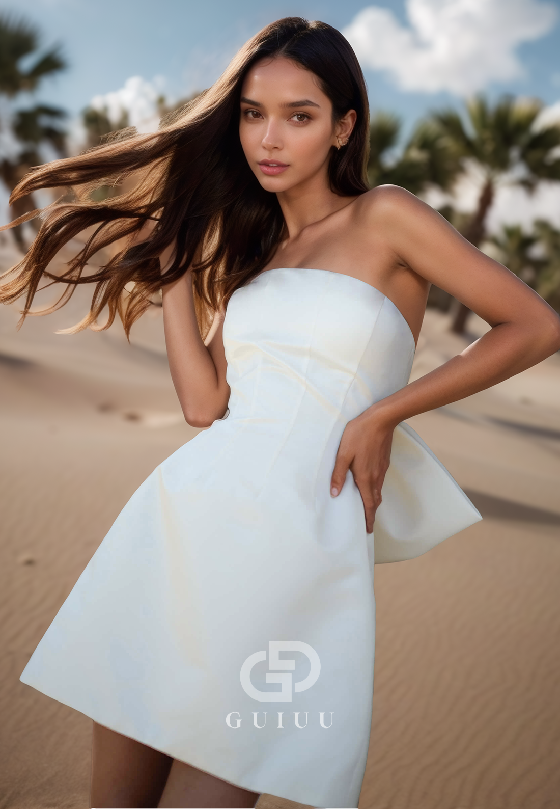 A-Line Sleeveless Strapless Bowknot Short Satin Wedding Dress