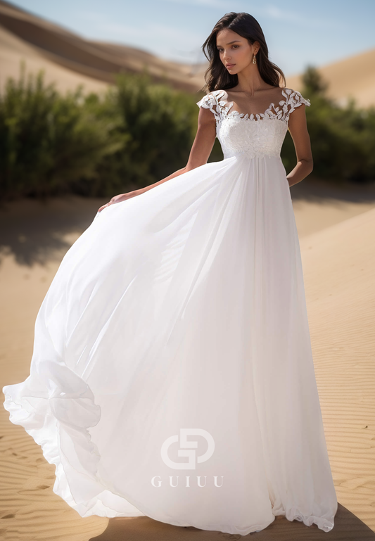 A-Line Short Sleeves Scoop Empire-Waist Lace Wedding Dress