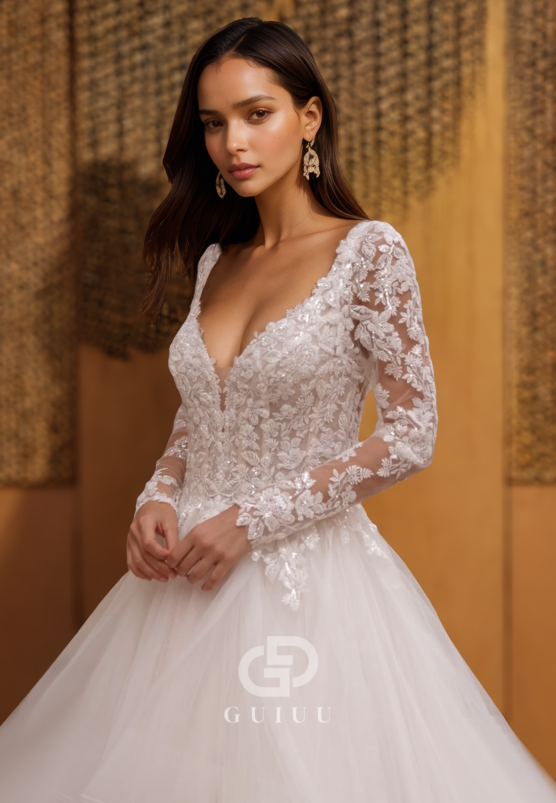Long Sleeves V-Neck Corset Tulle Empire-Waist Lace Wedding Dress