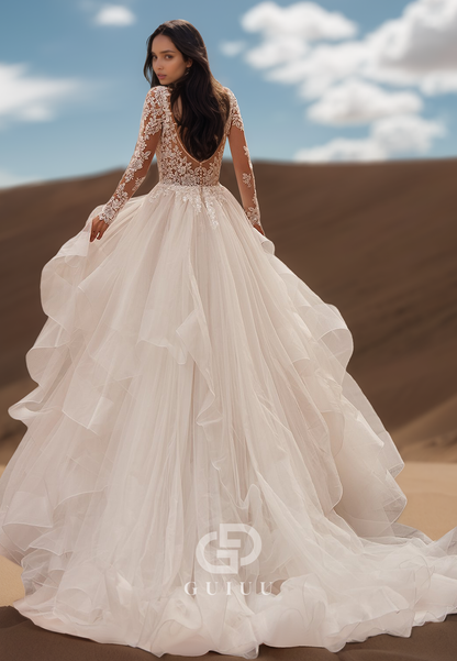 Long Sleeves V-Neck Corset Tulle Empire-Waist Lace Wedding Dress