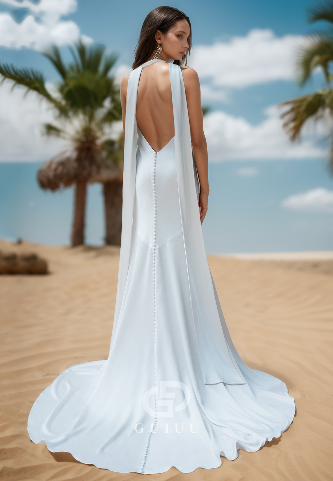 Halter Sleeveless Backless Sweep Train Satin Wedding Dress