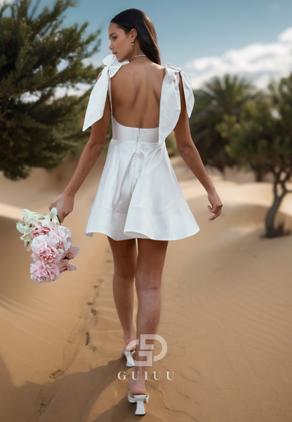 Spaghetti Straps Scoop Backless Short Satin Wedding Dress