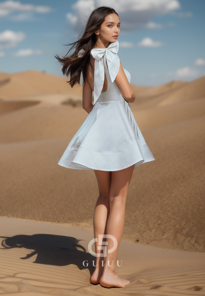 Spaghetti Straps Scoop Backless Short Satin Wedding Dress