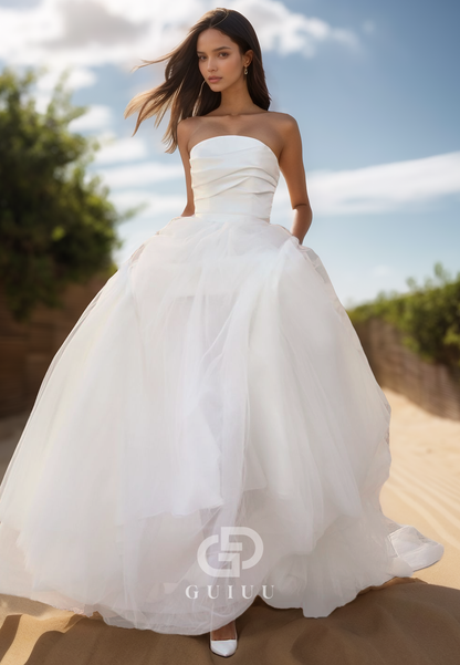 A-Line Sleeveless Strapless Empire-Waist Sweep Train Lace Wedding Dress
