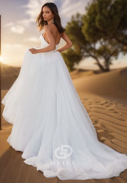 A-Line Sleeveless Strapless Empire-Waist Sweep Train Lace Wedding Dress