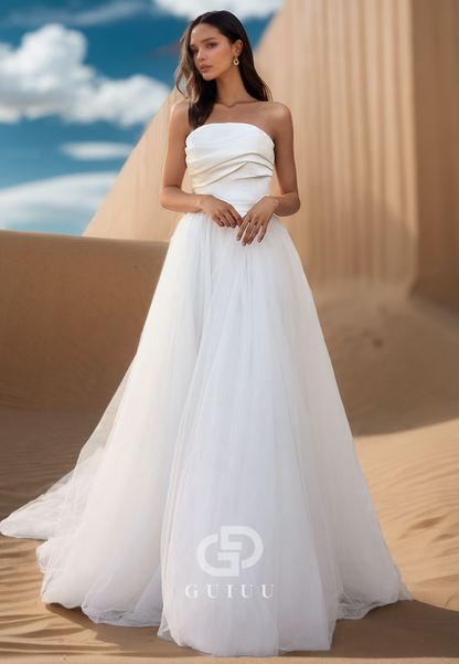 A-Line Sleeveless Strapless Empire-Waist Sweep Train Lace Wedding Dress
