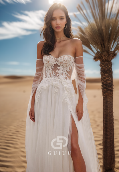 A-Line Sleeveless Strapless Corset Tulle Illusion Lace Wedding Dress