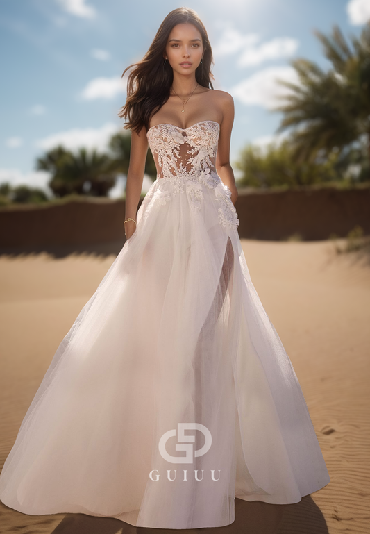 A-Line Sleeveless Strapless Corset Tulle Illusion Lace Wedding Dress