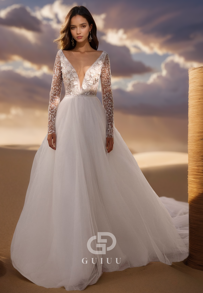 Deep V-Neck Long Sleeves Empire-Waist Backless Lace Wedding Dress