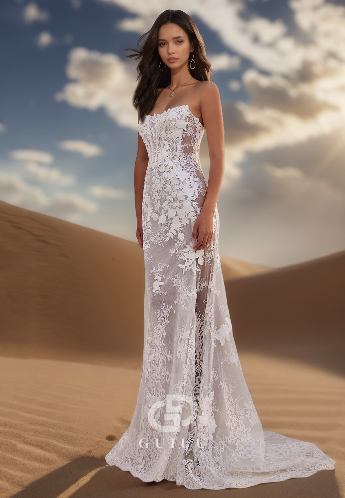 Mermaid Sleeveless Strapless Floral Appliques Lace Wedding Dress